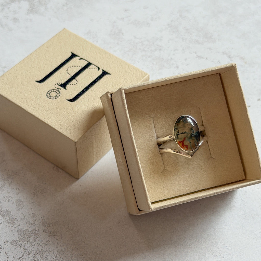 Moss Agate & Carnelian Wishbone Ring