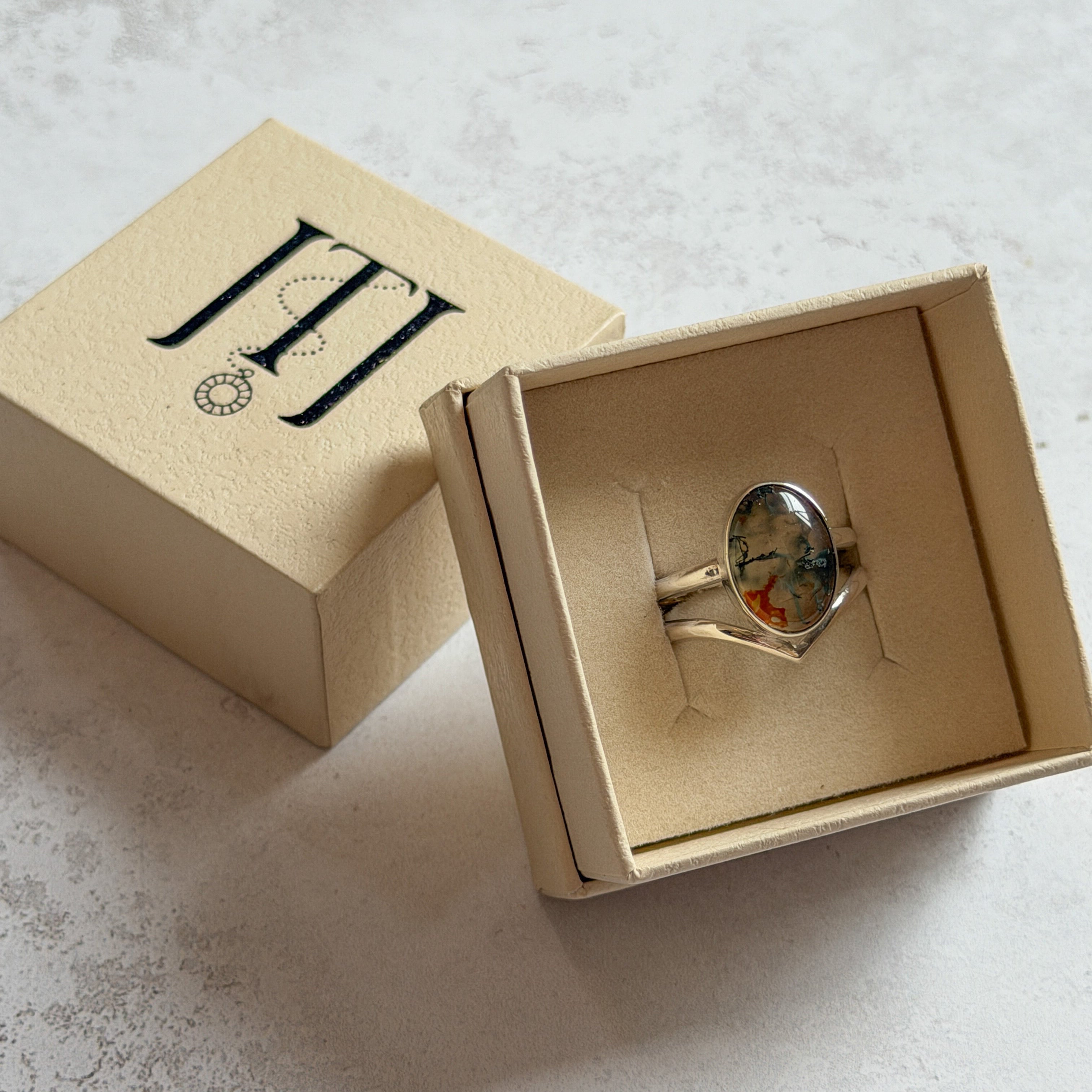 Moss Agate & Carnelian Wishbone Ring