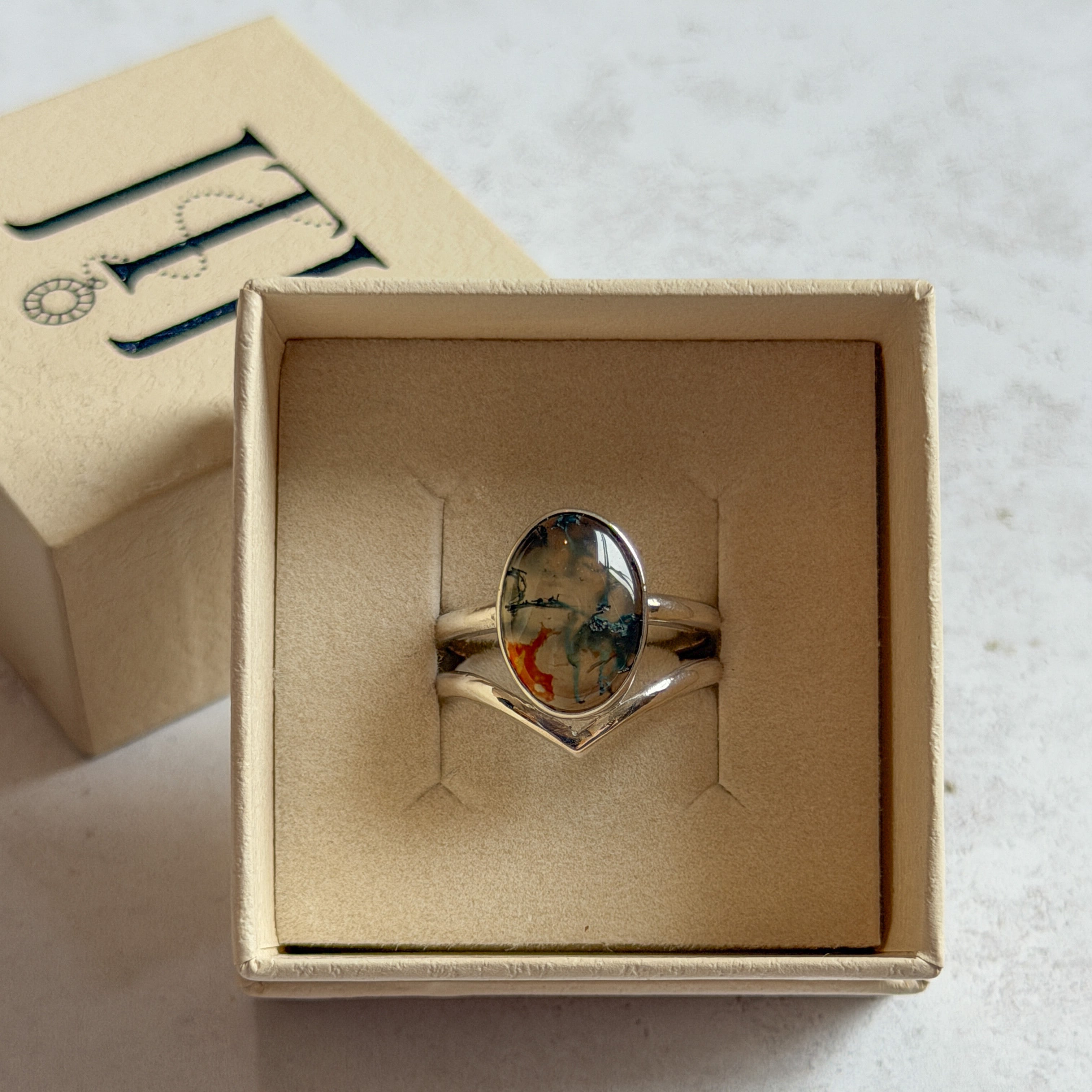 Moss Agate & Carnelian Wishbone Ring